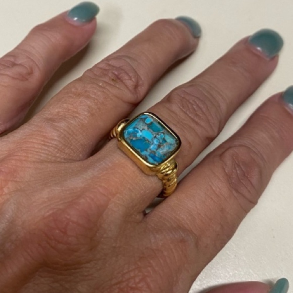 Women's 14K Gold Plated Teal Turquoise Signet Ring Stainless Steel